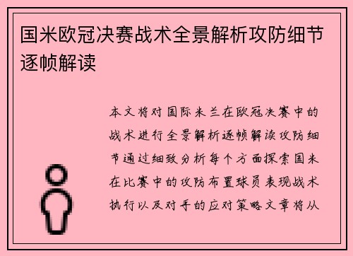 国米欧冠决赛战术全景解析攻防细节逐帧解读