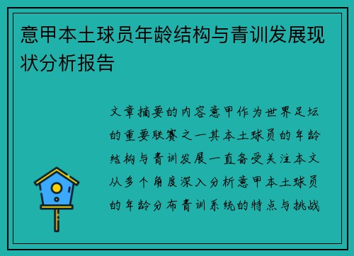 意甲本土球员年龄结构与青训发展现状分析报告