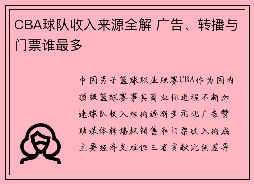 CBA球队收入来源全解 广告、转播与门票谁最多
